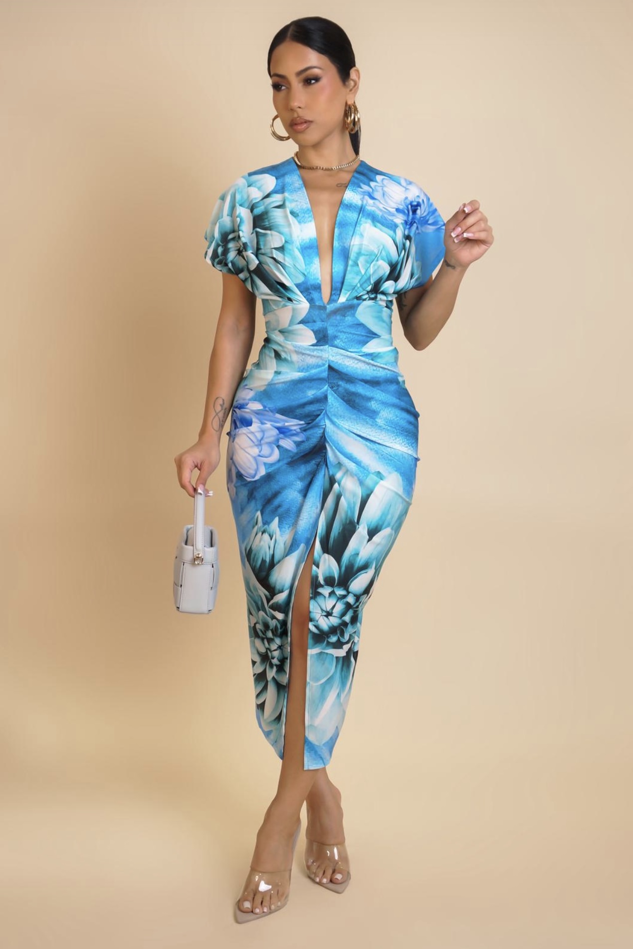 RUCHED FRONT MIDI DRESS